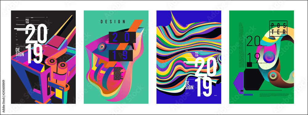 2019 New Poster Design Template. Trendy Vector Typography and Colorful Illustration Collage for Cover and Page Layout Design Template in eps10