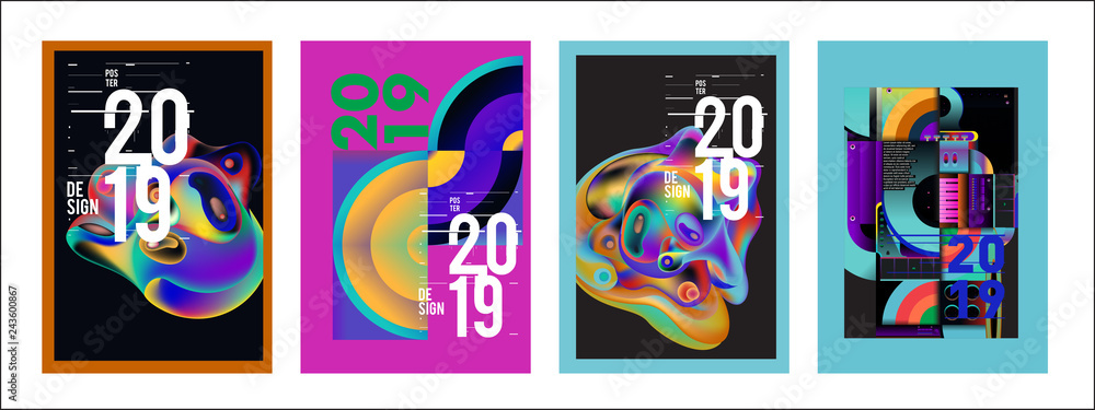 2019 New Poster Design Template. Trendy Vector Typography and Colorful Illustration Collage for Cover and Page Layout Design Template in eps10