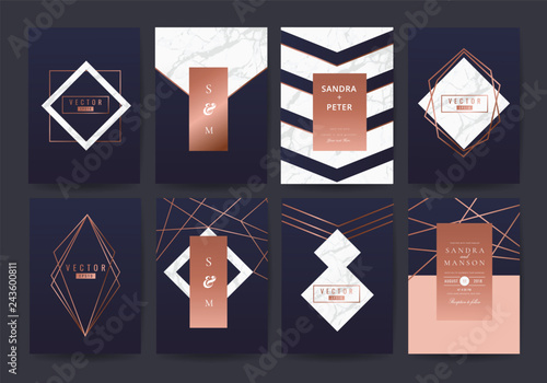 Wedding invitation cards collection with indigo marble texture background and Copper gold geometric  line design vector.