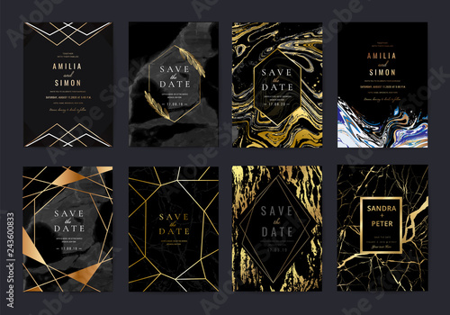 Wedding invitation cards collection with indigo marble texture background and Copper gold geometric  line design vector.