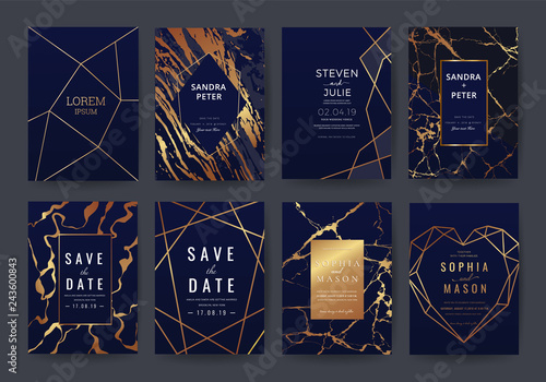 Wedding invitation cards collection with indigo marble texture background and Copper gold geometric  line design vector.