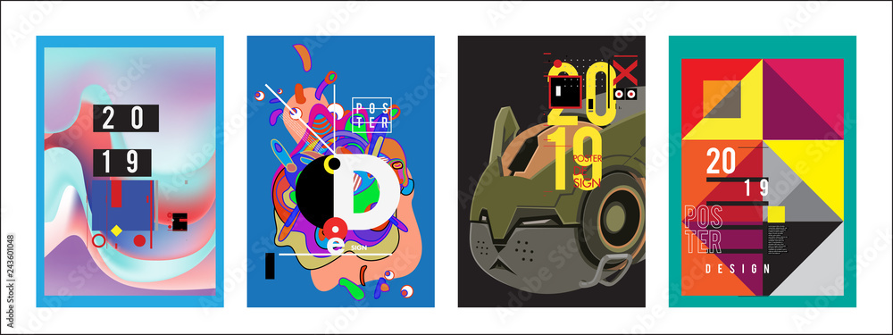 Fototapeta premium 2019 New Poster Design Template. Trendy Vector Typography and Colorful Illustration Collage for Cover and Page Layout Design Template in eps10