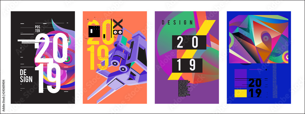 2019 New Poster Design Template. Trendy Vector Typography and Colorful Illustration Collage for Cover and Page Layout Design Template in eps10 2019 New Poster Design Template. Trendy Vector Typography and Colorful Illustration Collage for Cover and Page Layout Design Template in eps10