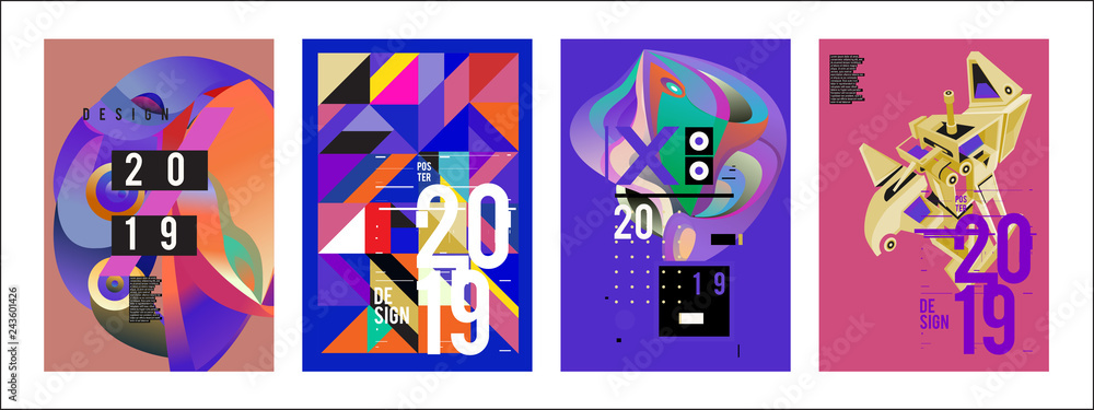 2019 New Poster Design Template. Trendy Vector Typography and Colorful Illustration Collage for Cover and Page Layout Design Template in eps10