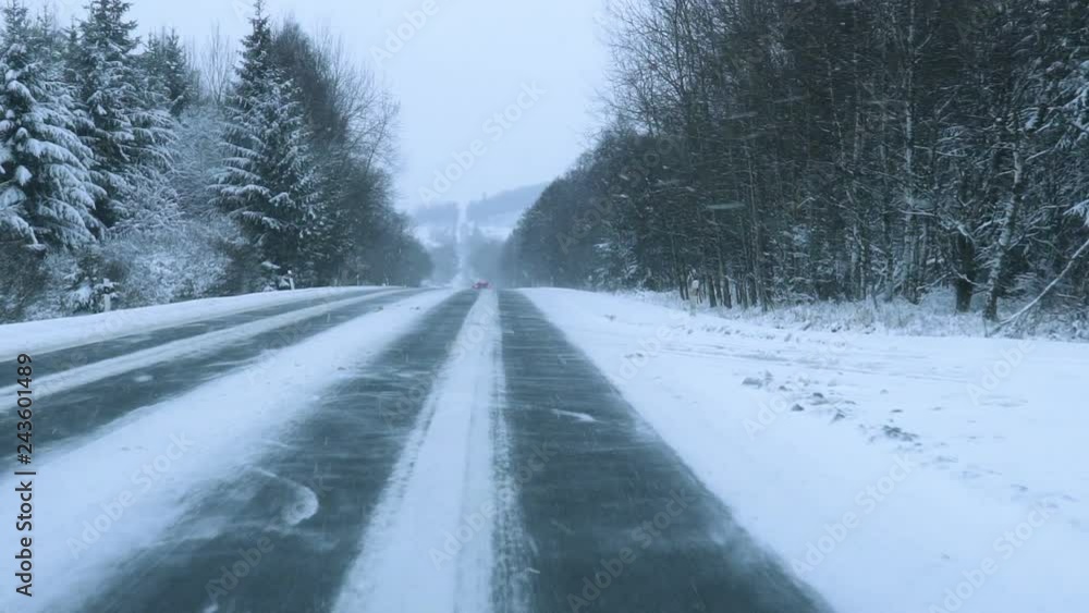 Winter Blizzard road in snow driving Winter Blizzard road in snow driving