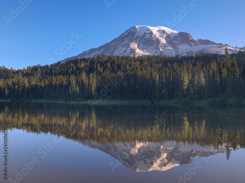calm summer morning view of mt rainier and reflection lake in washington state of the us pacific northwest