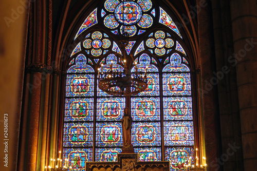 Stained glass windows at Notre-Dame Cathedral in Paris 