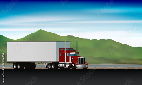 Classic truck driving on highway on background of green hills and sky, big rig semi truck with dry van on the road, vector illustration
