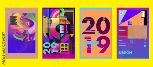 2019 New Poster Design Template. Trendy Vector Typography and Colorful Illustration Collage for Cover and Page Layout Design Template in eps10