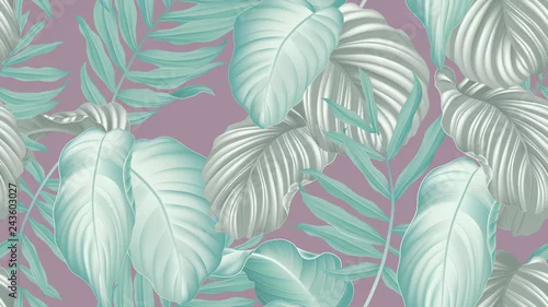 Tapety Tropikalny wzór bez szwu, zielony Dypsis lutescens lub żółta palma, tępak i zielone liście Calathea orbifolia na fioletowym tle, pastelowy styl vintage