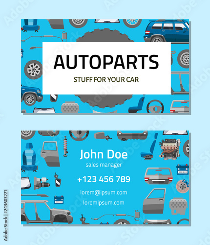 Autoparts business card template. Stuff for your car. Car service card vector illustration. Car details, repair, gear brake, seat, windshield, wheel, bumper, door, engine component.