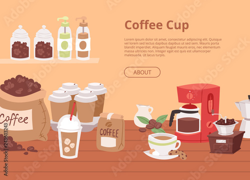 Coffee house concept banner, flyer vector illustration with cartoon cappuccino, latte cups, seeds arabica, cinnamon milk, coffee pot, cookies, anise and sugar for coffee shop.