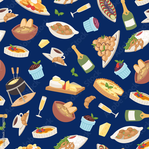 French cuisine vector illustration. Croissant, cheese fondue, champagne glass, frog legs seamless pattern background tasty food and cuisine, dinner, food delicious elements.