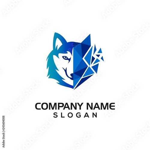 Husky dog with geometric shape as technology accent for data or cyber security logo template.