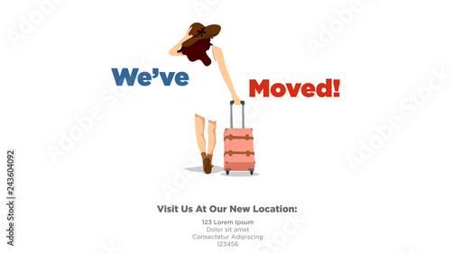 we have moved concept a girl dressed same as background with suitcase move forward leaving old location with big text clean simple flat illustration