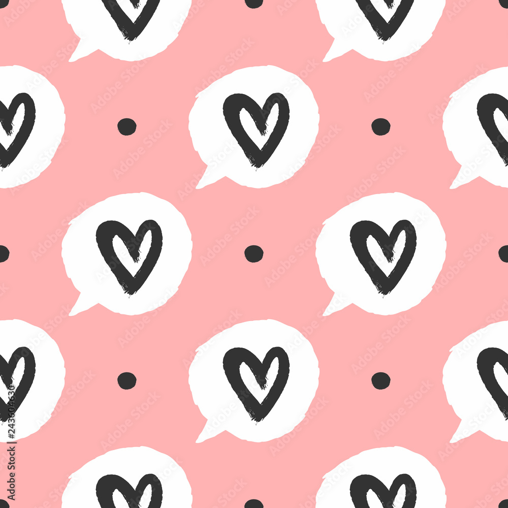 Repeating round dots and bubbles of speech with outlines of hearts. Cute seamless pattern drawn by hand with a rough brush. Sketch, watercolour, paint.