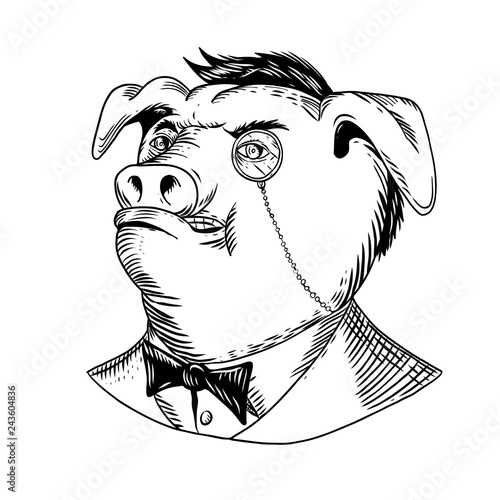 Drawing sketch style illustration of a noble aristocratic pig wearing a monocle and business suit with tie or tuxedo looking up on isolated white background in black and white.