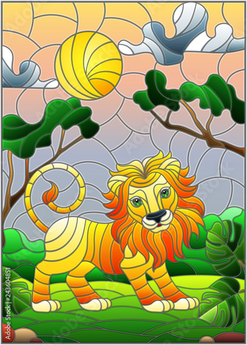Fototapeta Naklejka Na Ścianę i Meble -  Illustration in stained glass style with cute lion on the background of green trees of cloudy sky and sun