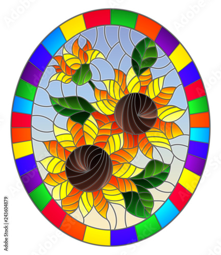 Fototapeta Naklejka Na Ścianę i Meble -  Illustration in stained glass style flower of sunflowers on a sky  background in a bright frame,oval  image