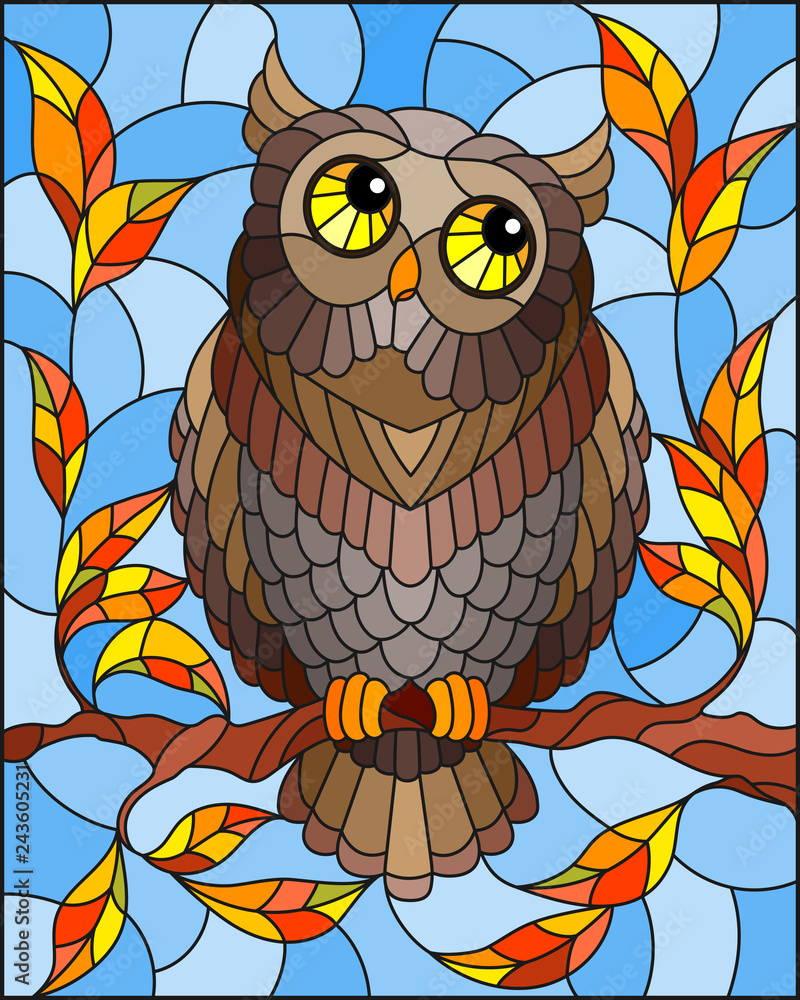 Fototapeta premium Ilustracja w stylu witrażu ze wspaniałą brązową sową siedzącą na gałęzi jesiennego drzewa na tle nieba