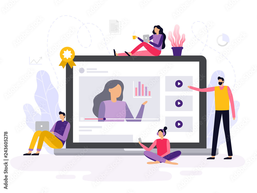 People take an online course, watching a video with infographics and discuss it. Banner or element for a site with a distance education theme. Vector illustration People take an online course, watching a video with infographics and discuss it. Banner or element for a site with a distance education theme. Vector illustration