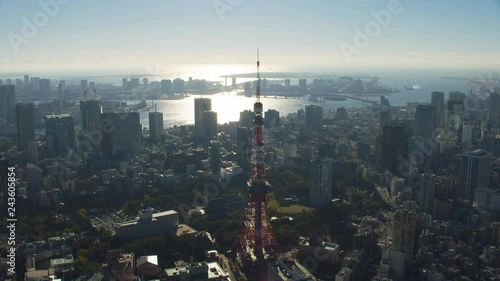 Tokyo, Japan circa-2018.  Flying over city of Tokyo and Tokyo Tower.  Shot from helicopter with RED camera.