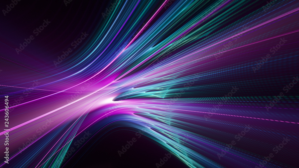 Abstract multicolor background element on black. Fractal graphics. Three-dimensional composition of glowing lines and mption blur traces. Movement and innovation concept.