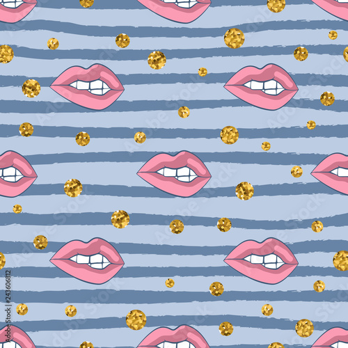 woman lips and glitter on strips. Seamless pattern