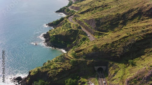 Maui, Hawaii circa-2018.  Windy stretch of Honoapiilani Highway on Maui coastline.  Shot with Cineflex and RED Epic-W Helium.  photo