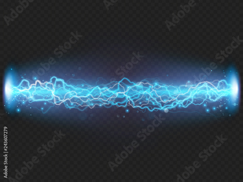 Lightning flash discharge of electricity on transparent background. Blue electrical visual effect. EPS 10