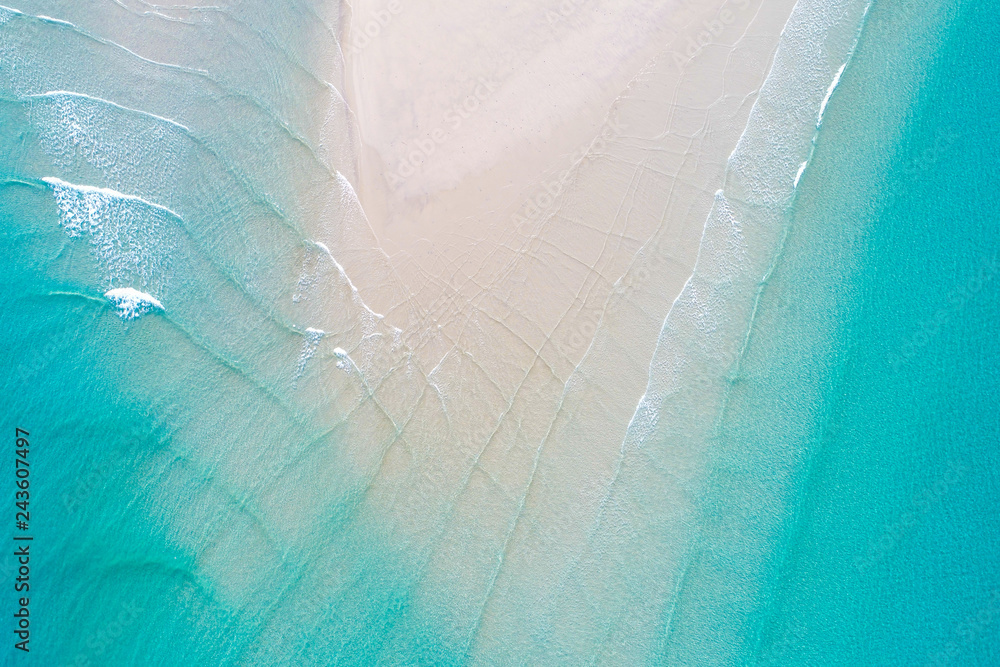 Aerial view Idyllic white sand sea beach turquoise water - obrazy, fototapety, plakaty 