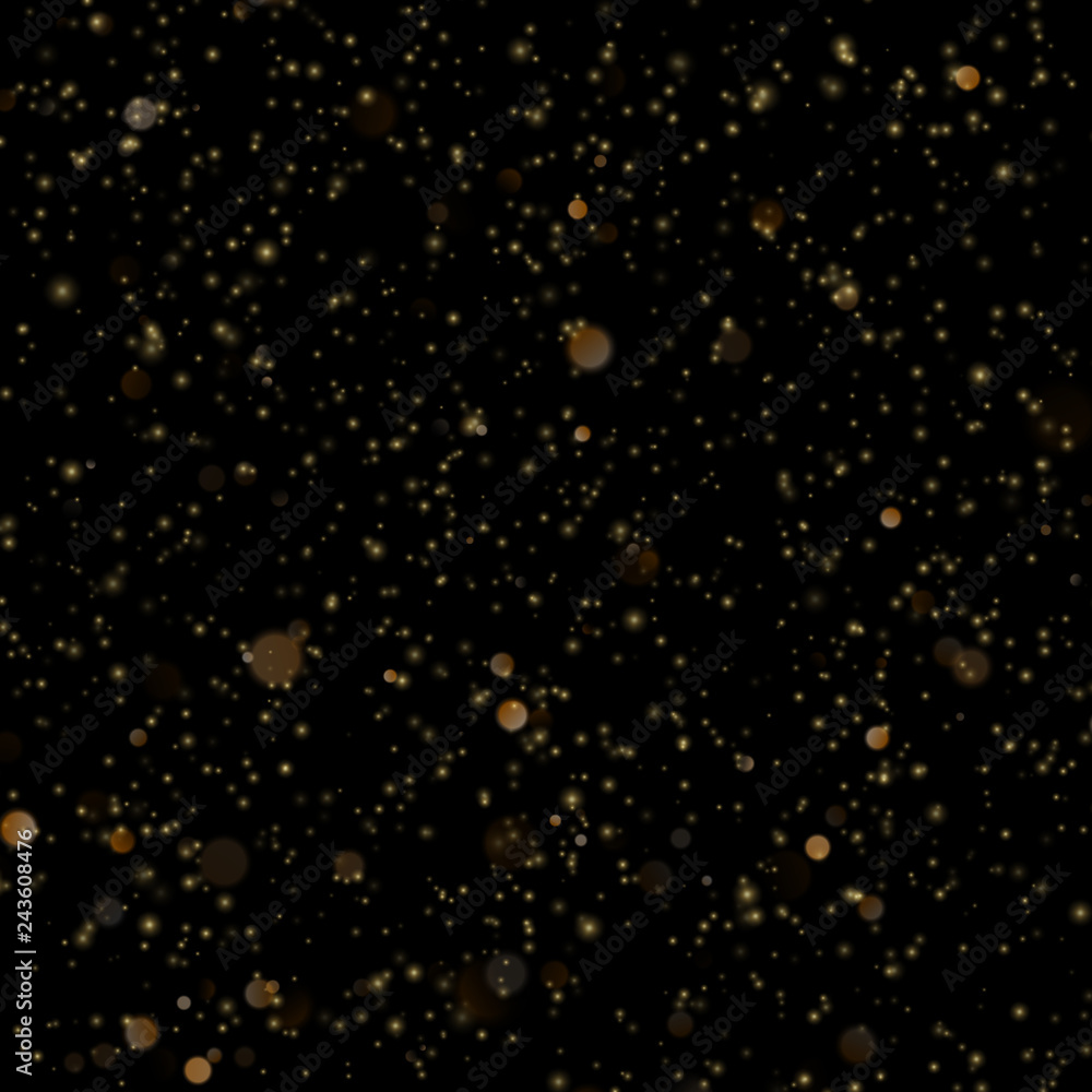 Gold bokeh on dark background. Glitter gold de-focused lights on black background. EPS 10