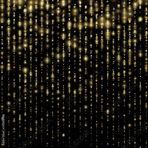 Sparkling of shimmering light blurs. Fashion strass drops with shiny sequins. Christmas and New Year effect. Gold particles lines rain. Glitter threads of curtain backdrop on black. EPS 10