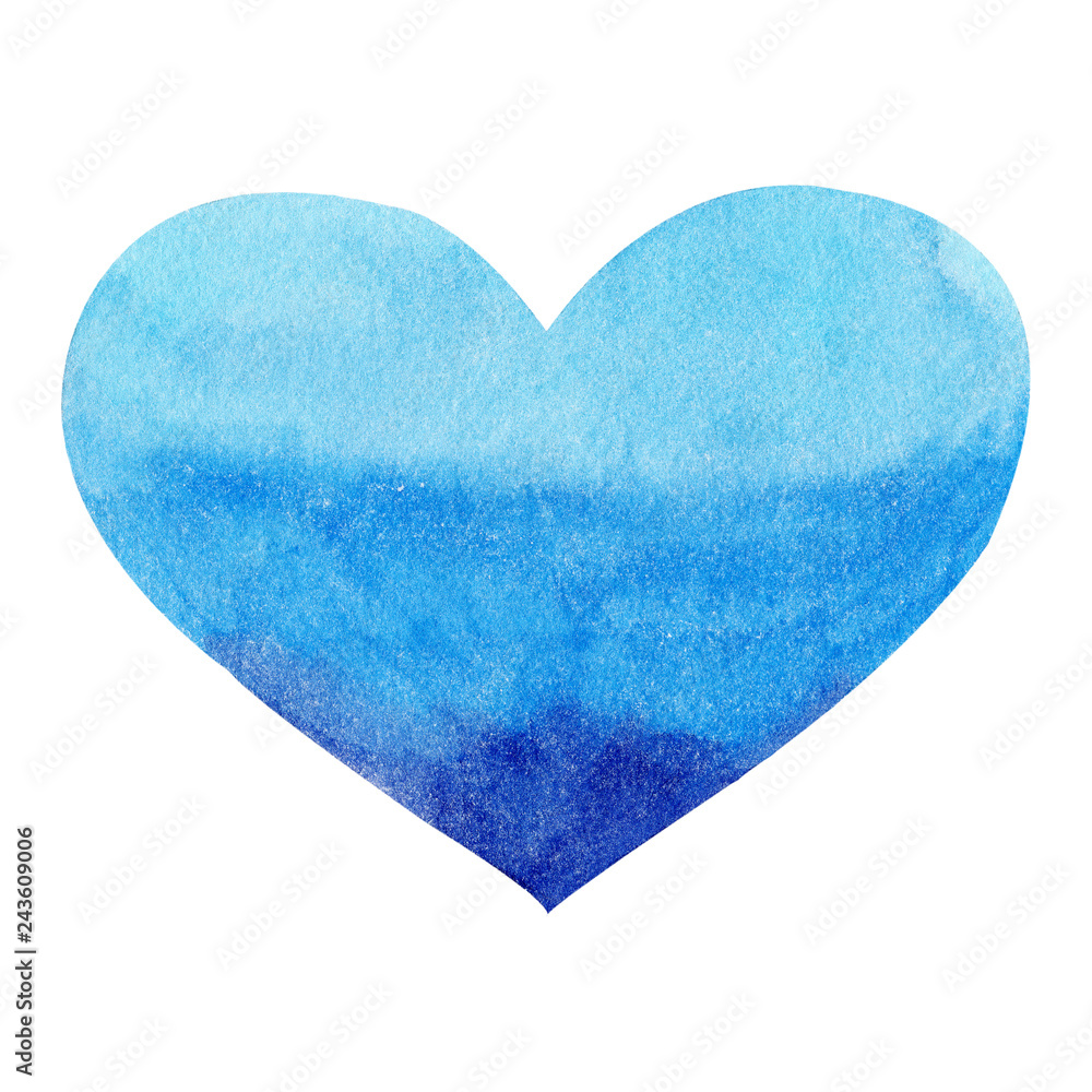 Watercolor hand painted blue heart. Symbol of love.