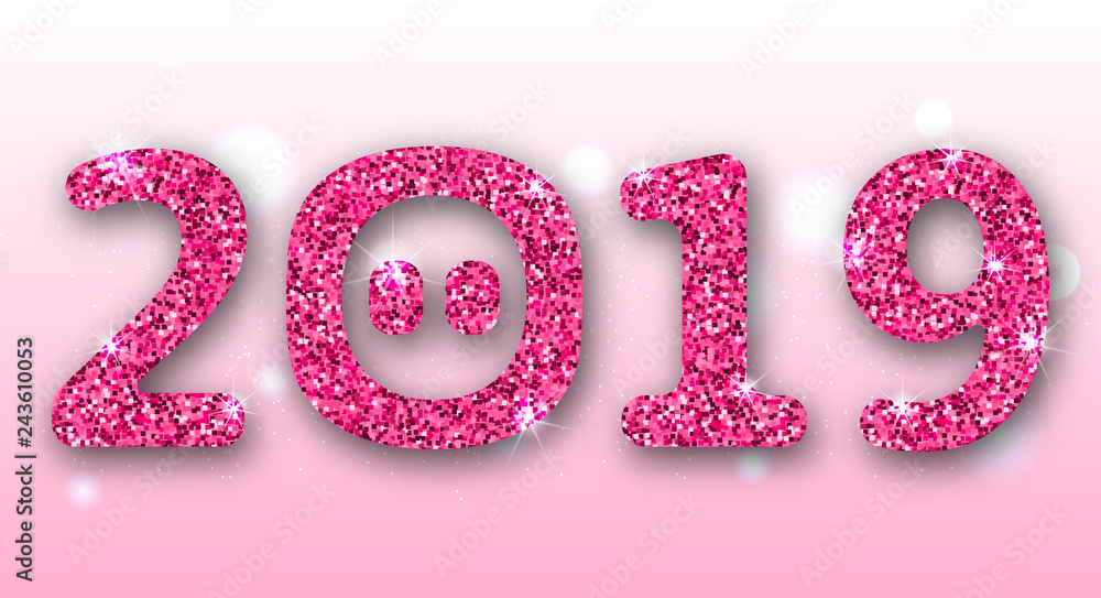2019 Text with Cartoon pigs Nose, Pink Glitter Surface for Happy New Year 2019 Text with Cartoon pigs Nose, Pink Glitter Surface for Happy New Year