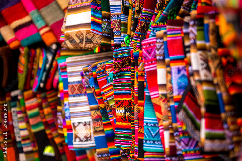 Fototapeta premium Different colorful laces on the souvenir store in Bolivia