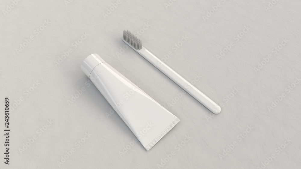 Blank white tube of toothpaste and toothbrush Blank white tube of toothpaste and toothbrush