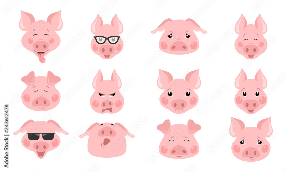 Collection of funny pig emoticon characters in different emotions.  set