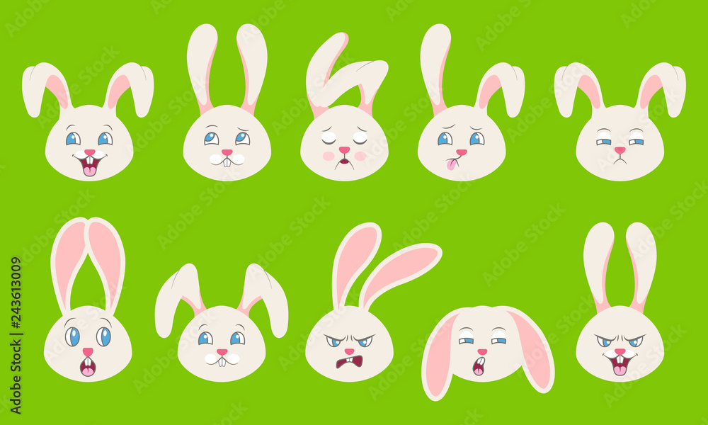 Heads of Rabbit with Different Emotions - Cheerful, Sad, Thoughtfulness, Funny, Drowsiness, Fatigue, Malice Heads of Rabbit with Different Emotions - Cheerful, Sad, Thoughtfulness, Funny, Drowsiness, Fatigue, Malice