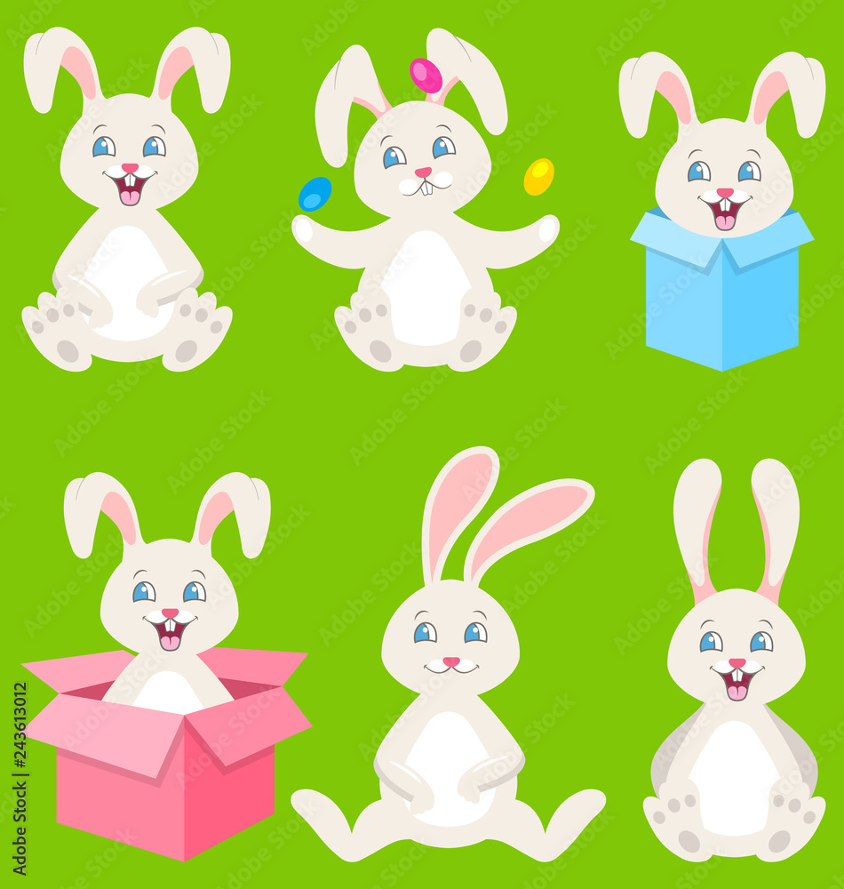 Obraz premium Collection Happy Easter Bunnies with Eggs, Gift Boxes, Cute Rabbits