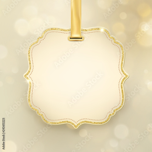 Christmas holiday glowing abstract glitter defocused blurred bokeh gold background with label and space for text. EPS 10