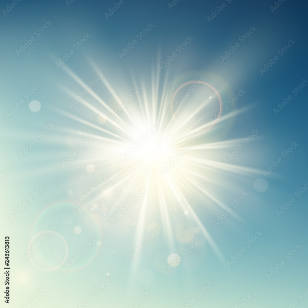 Fototapeta premium Summer template warm spring sun rays burst with lens flare. EPS 10