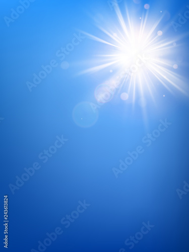 Summer blue sky template and hot summer sun rays burst with lens flare. EPS 10