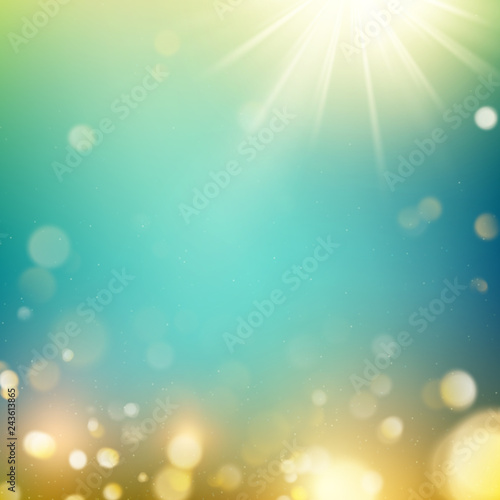 Realistic outdoors bokeh in green and yellow tones with sun rays. EPS 10 © artifex.orlova