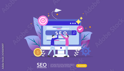 SEO Search engine optimization result concept. website ranking, advertising, strategy idea people character. web landing template, banner, presentation, social, and print media. Vector illustration.