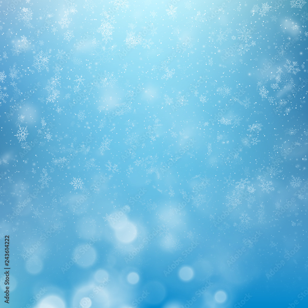 Winter background, falling snowflakes over winter bokeh template with copy space. EPS 10