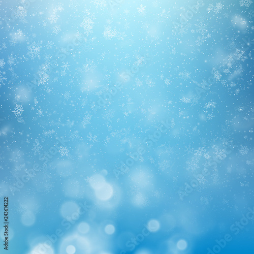 Winter background, falling snowflakes over winter bokeh template with copy space. EPS 10