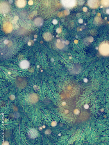 Christmas tree green branches of pine and gold garland lights. EPS 10