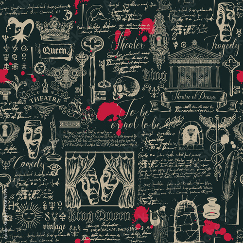 Vector seamless pattern on the theme of theater and drama with drawings and lettering in vintage style. Retro wallpaper, wrapping paper or backdrop for textile with sketches and blots