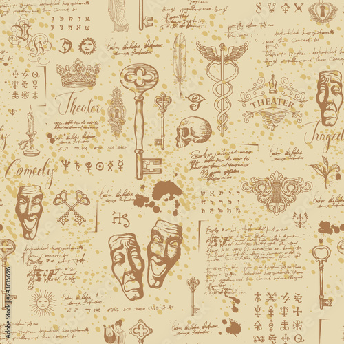 Vector seamless pattern on the theme of theater and drama with drawings of theatrical masks, vintage keys and lettering. Retro wallpaper, wrapping paper or backdrop for textile with sketches and blots